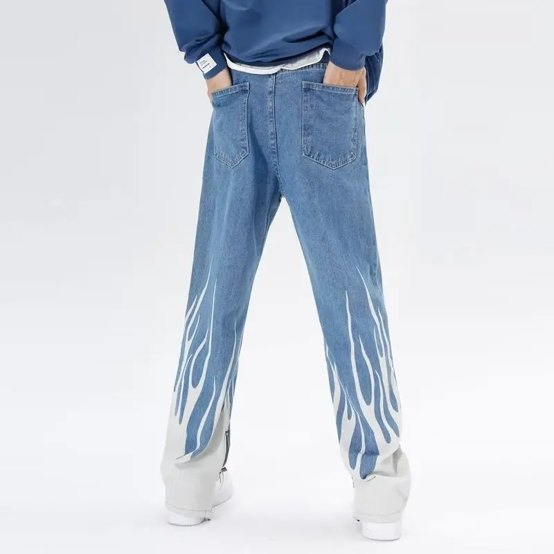 2026 Cyber Y2K Flammen-Grafik Blaue Baggy Jeans Herrenhose Gerade Koreanische Lässige Reißverschluss-Denim-Hose Pantalon Homme – Detail 5