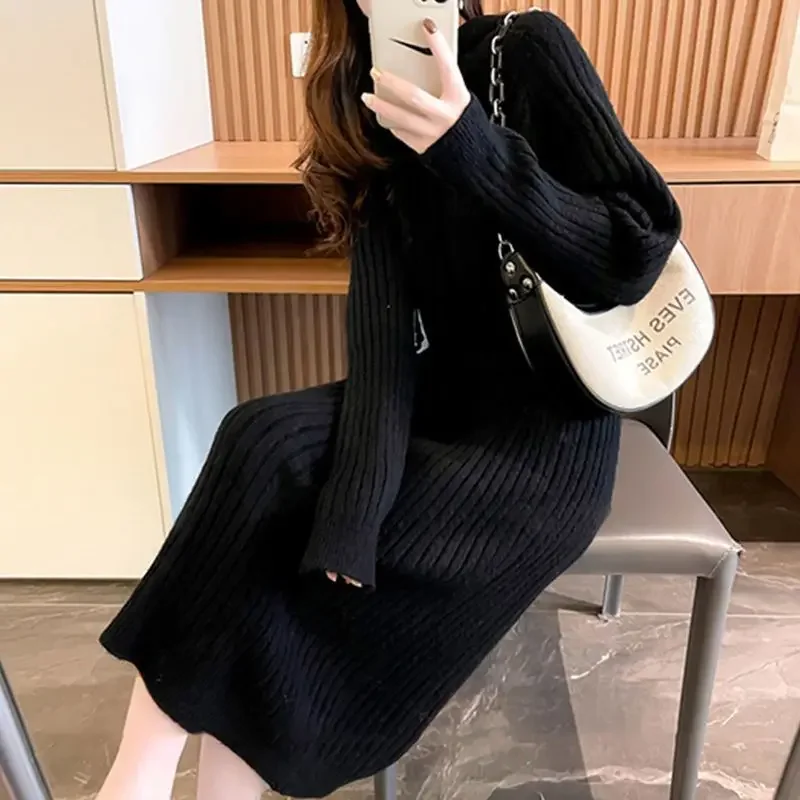 

Women's Knitted Dress Autumn Winter Hooded Collar Loose Sweater Knee Length Elegant F130