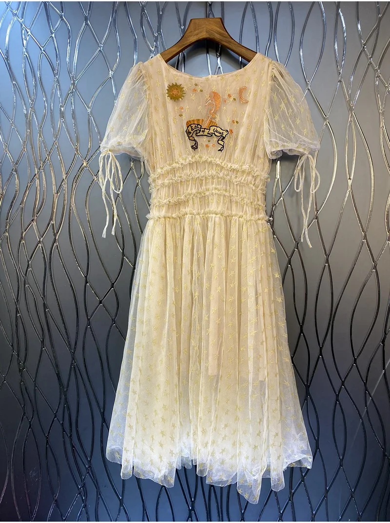 

New Arrival Dress 2023 Summer Style Ladies Exquisite Embroidery Drawstring Deco Elastic Waist Short Sleeve Mid-Calf Mesh Dress