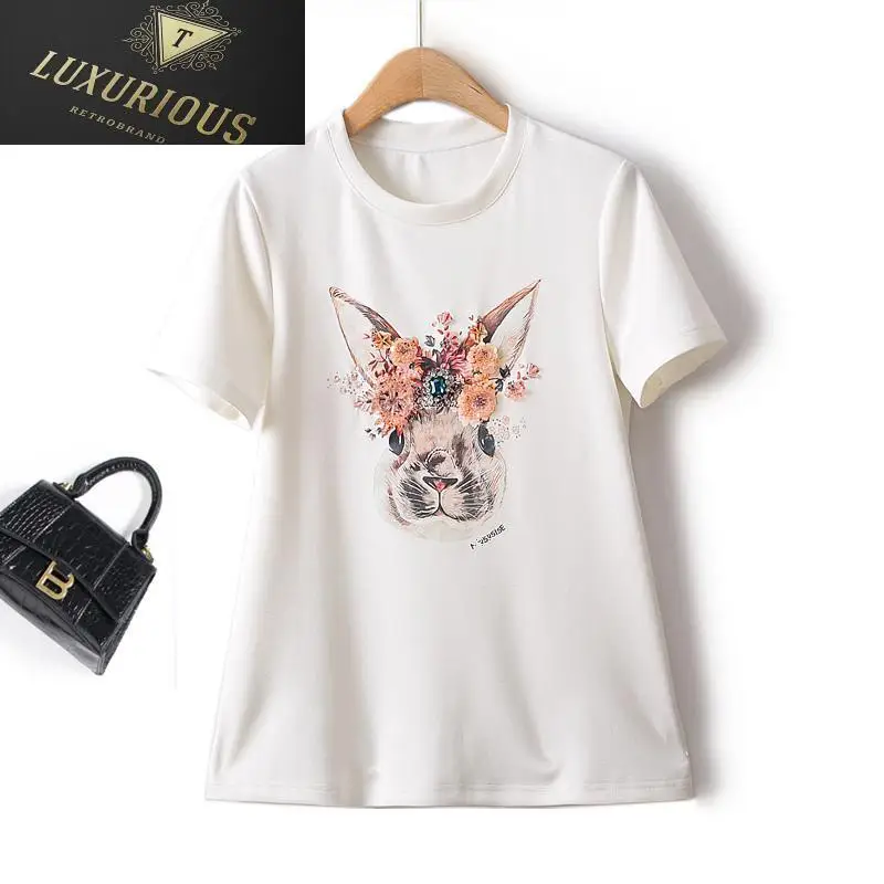 

2023 Summer Women's Clothing European Nail Beads Light Luxury Cartoon High Elastic Thin Round Neck Short Sleeve Woman T-shirts