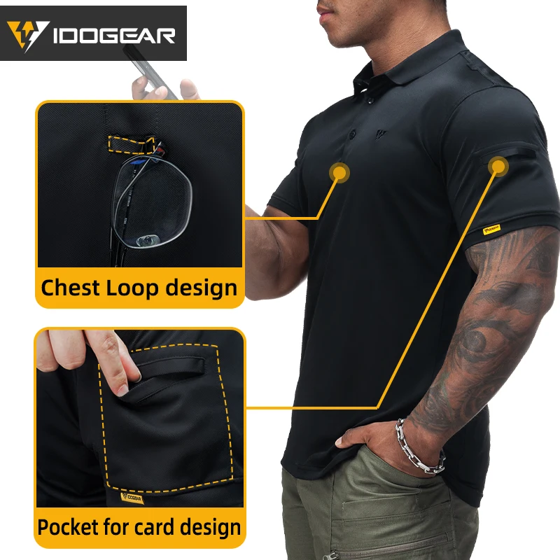 Tactical Shirt IDOGEAR Tactical T-Shirt Short Sleeve Quick Dry Plain Breathable Lapel Neck Top 3113
