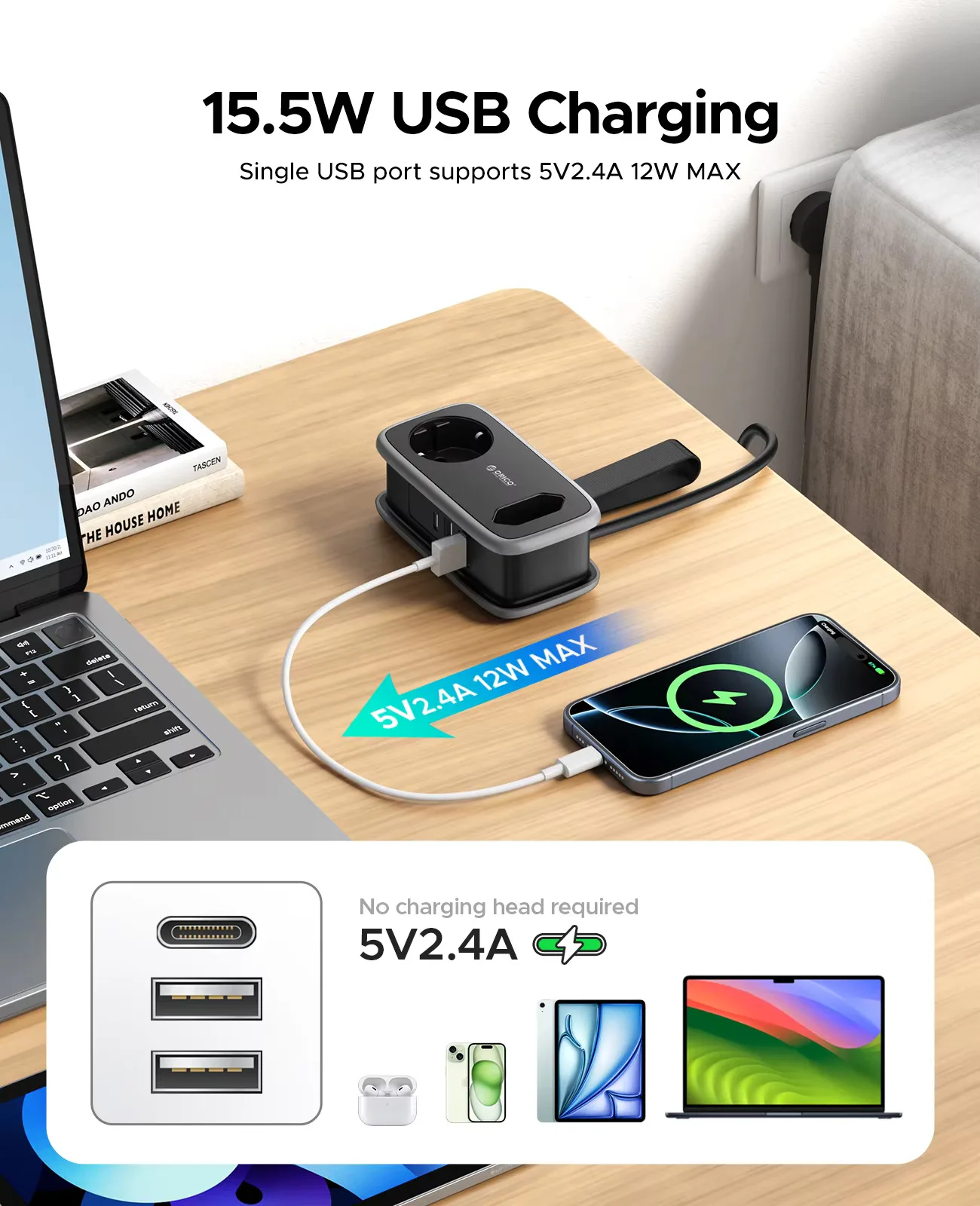 ORICO Travel Power Strip Smart EU Plug 3.6FT Extension Cord 5 Port USB A Type C Charging Station Adaptador Stand