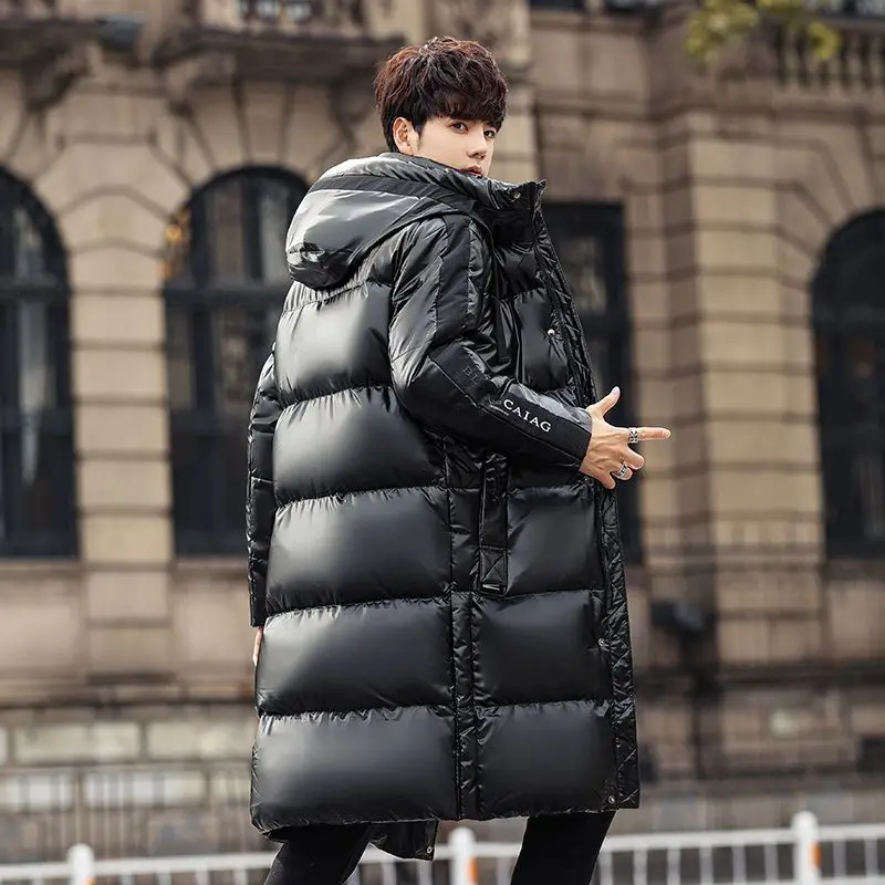 

Glossy Down Jacket Long Over The Knee Thicken White Duck Winter Handsome Couple Models Tide Brand Coat Keep Warm High Cashmere
