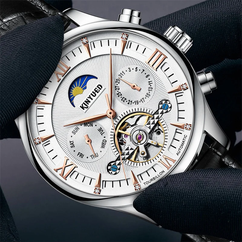 KINYUED Brandneue mechanische Mondphasenuhr für Herren, hohle Tourbillon-Uhren, Wochendatum, Herrenuhr, wasserdicht, automatische Uhren_voghion.com