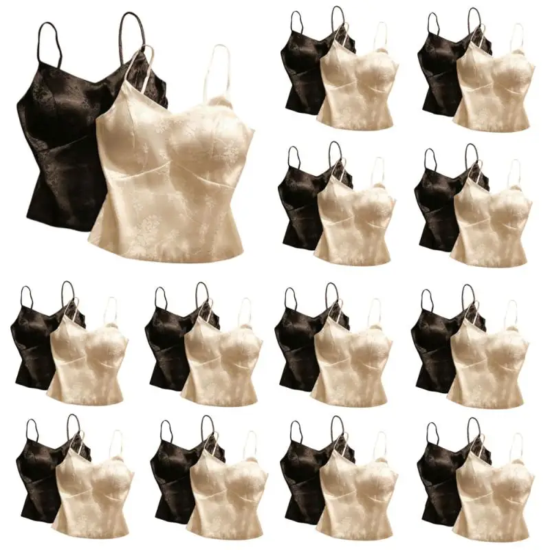 Camisoles Women Fit Jacquard Satin Bottoming Sleeveless Chinese Style Tops With Breast Pads Summer Sexy Girls Clothing