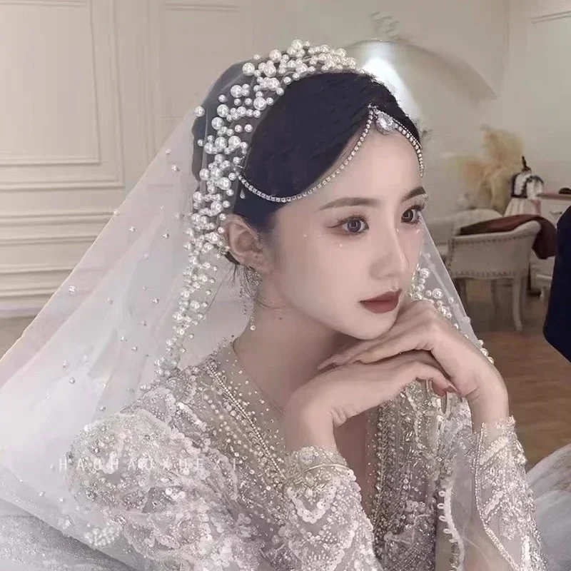 Pearls Wedding Veil 1 Layer Long Bridal Cathedral Veil With Pearls Mantilla Luxurious Tulle Crystal Bride Hair Accessories bridal veil