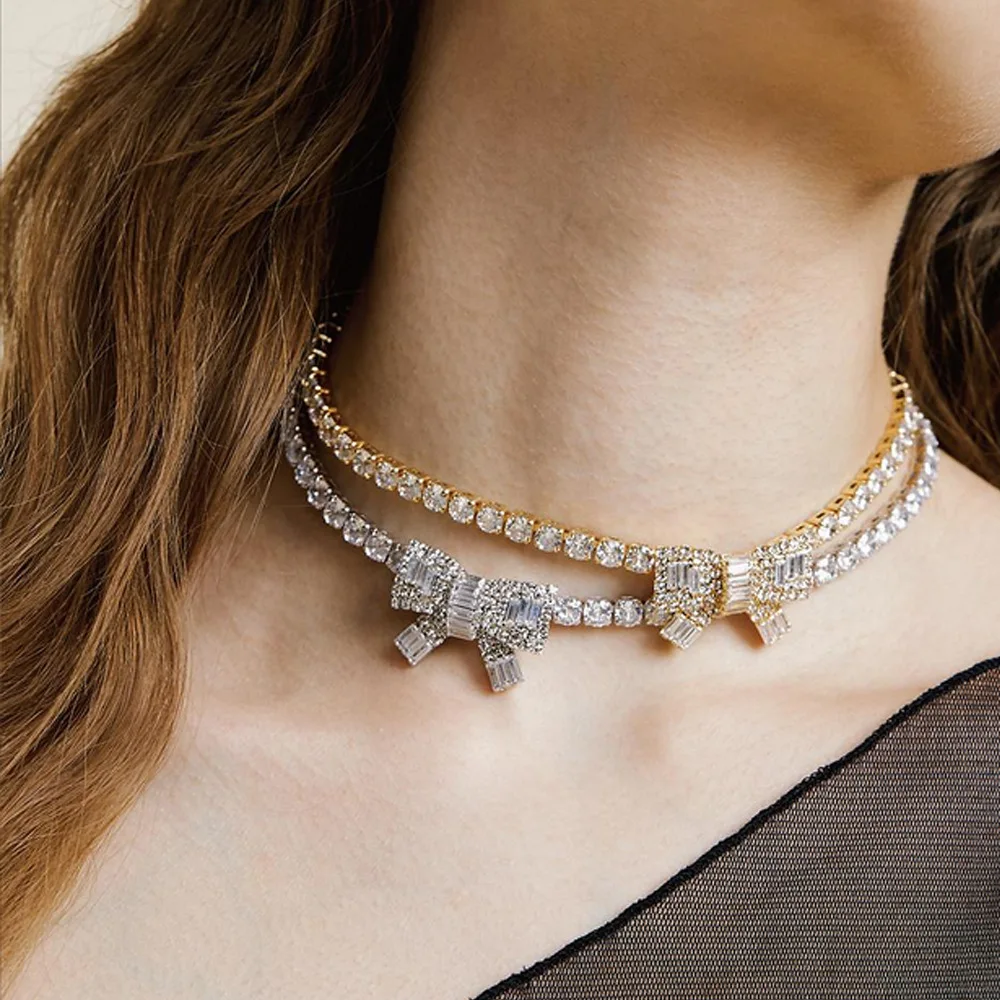 Sparkling Crystal Clavicle Necklace for Women High-quality Square CZ Zircon One Piece Bow Knot Short Choker Party Dinner Jewelry