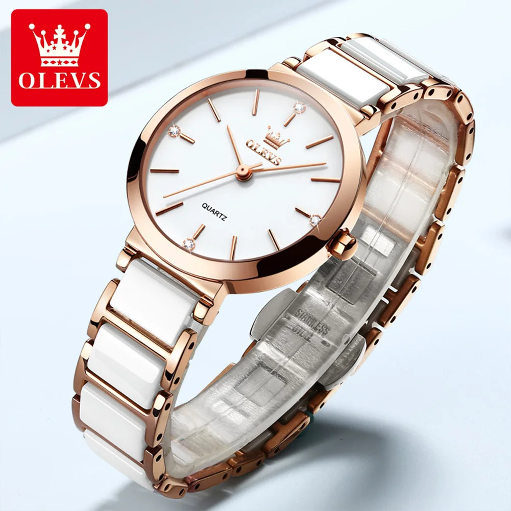 OLEVS Luxury Rose Gold Women's Quartz Watch with Ceramic Strap