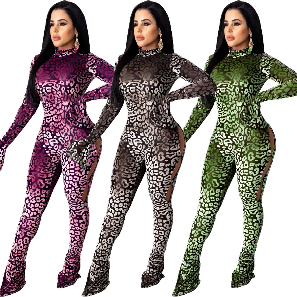 BKLD New Women Clothing Long Pants One Pieces Fashion Leopard Printed Sexy Hollow Out Long Sleeve Jumpsuit Party Clubwear