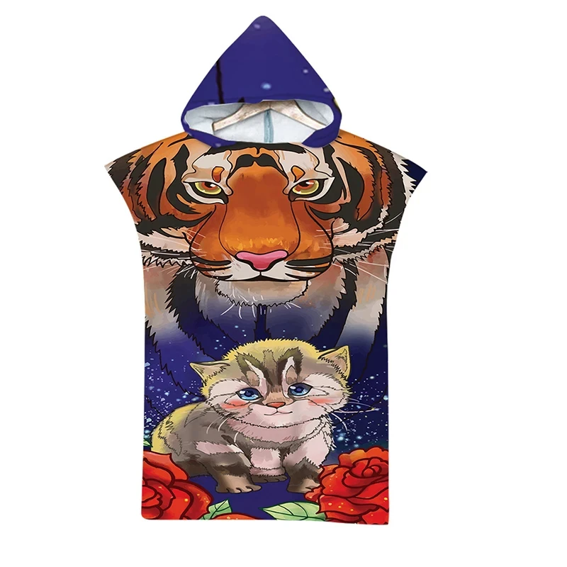 Microfiber Animal Printed Hooded Beach Towel for Adults Quick Dry Swimming Pool Poncho Tiger Lion Bath Towel With Cloak Bathrobe 6