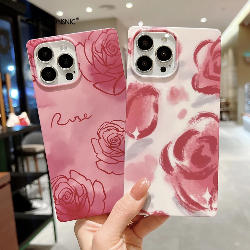 

Square Rose Flowers Phone Case For iPhone 13 12 11 Pro Max Xs Max XR 7 8 Plus SE2020 Shockproof Soft Frosted Silicone Cover Capa
