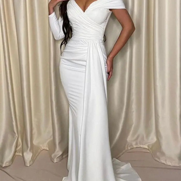 

Spring and Summer New Long Dress Waisted High Waist Temperament Flutter Belt Pure Color Strapless Temperament Evening Dresses