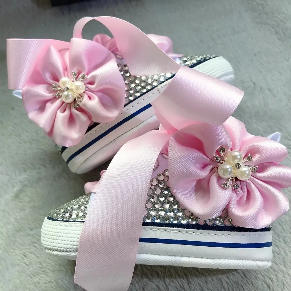Baby shoes Dollbling Bling Rhinestones Canvas White Ribbon Hair Bows Headband Gift Keepsake Birthday Newborn Toddler Crib Pearls