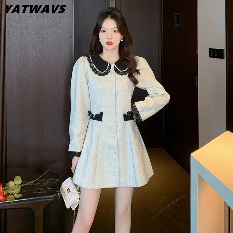 

Ladies Elegant Single Breasted Sweet Dresses Women's Autumn Designer Lace Trim Beaded Fashion Puff Sleeve Simple Mini Dress
