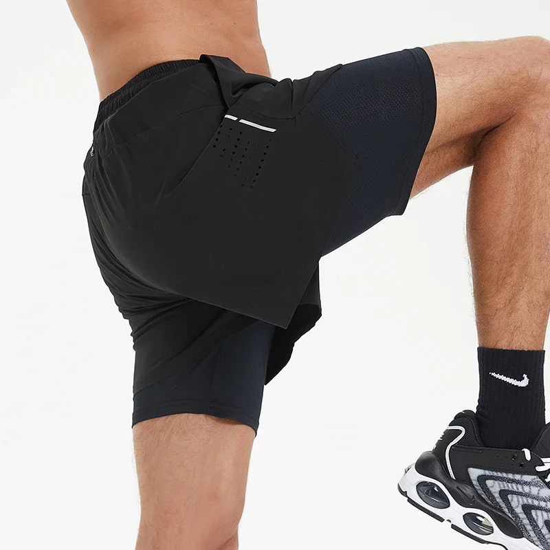Men Summer Swim Shorts Sportswear 2 in 1 Compression Jogging Short Beach Casual Pants Double-deck Bottoms with Zipper Pockets 2
