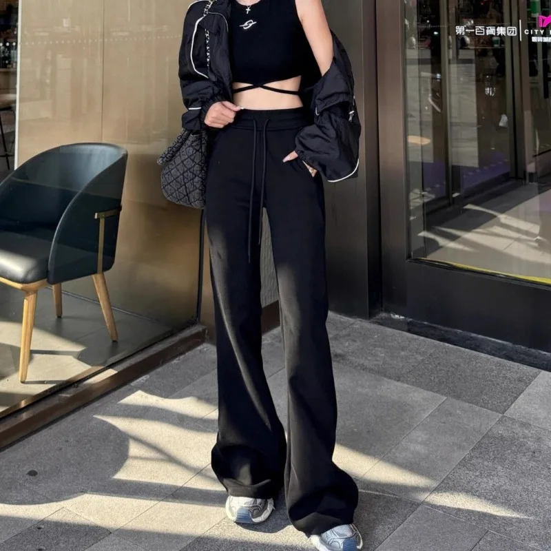 QWEEK Black Vintage Fleece Flared Women's Pants Winter Gray Harajuku Korean Fashion High Waist Leggings Trousers Sport Jogging qweek y2k vintage black cargo pants women korean fashion retro beige wide leg trousers oversized streetwear basic pantalones