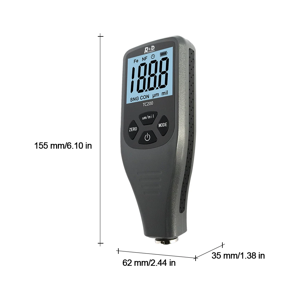 R&D TC200 Grey Car Paint Coating Thickness Gauge 0.1um/0-1500 Car Paint Film Thickness Tester Measuring FE/NFE & Russian Manual paint coating meter paint thickness gauge thickness gauge