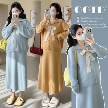 Maternity Suit 2026 Spring Autumn Gentle Elegant Soft Comfortable Bow Lapel Sweater And Midi Skirt Two Piece Set For Pregnancy