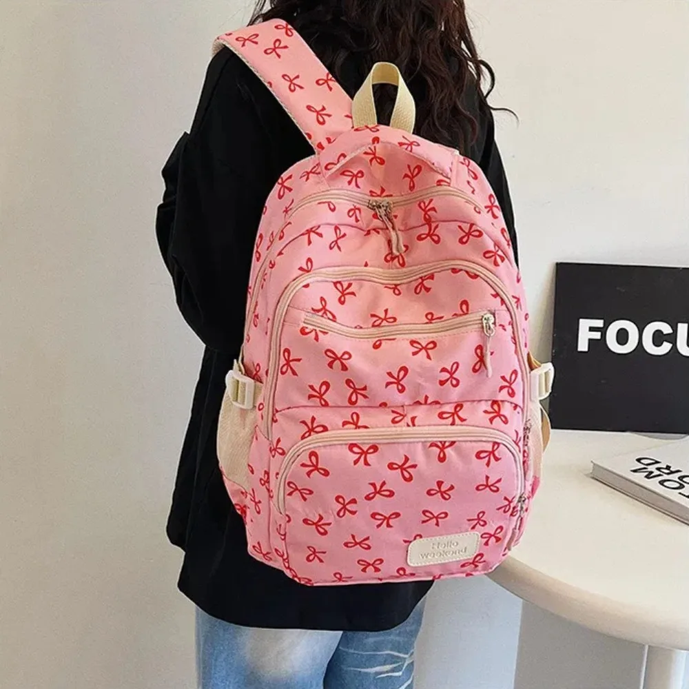 3 Pcs/Set Cute Large Capacity Bow Backpack Bow Print Nylon School Bag Adjustable Strap Travel Backpack 2