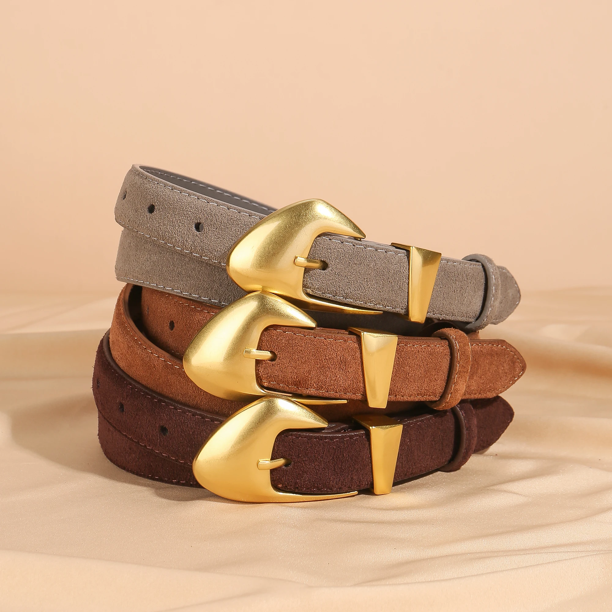 Luxuriöser Wildleder-Rindsledergürtel für Damen, Vintage-Stil mit goldener Schnalle, 2,3 cm breiter Bund für Kleider und Jeans