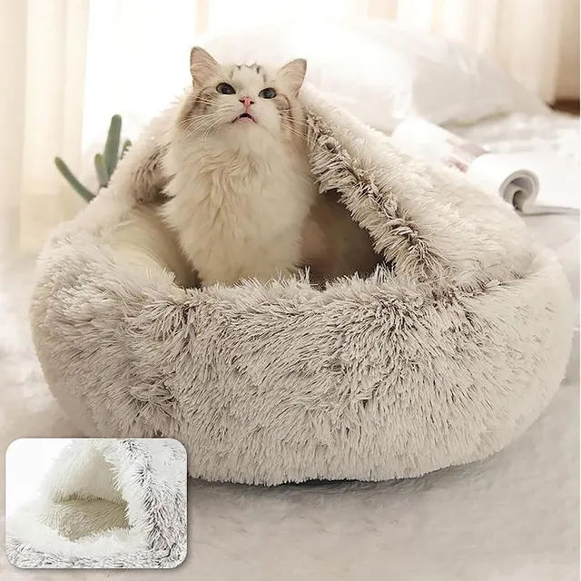 Soft Plush Pet Bed with Cover Round Cat Bed Pet Mattress Warm Cat Dog 2 in 1 Sleeping Nest Cave for Small Dogs 5