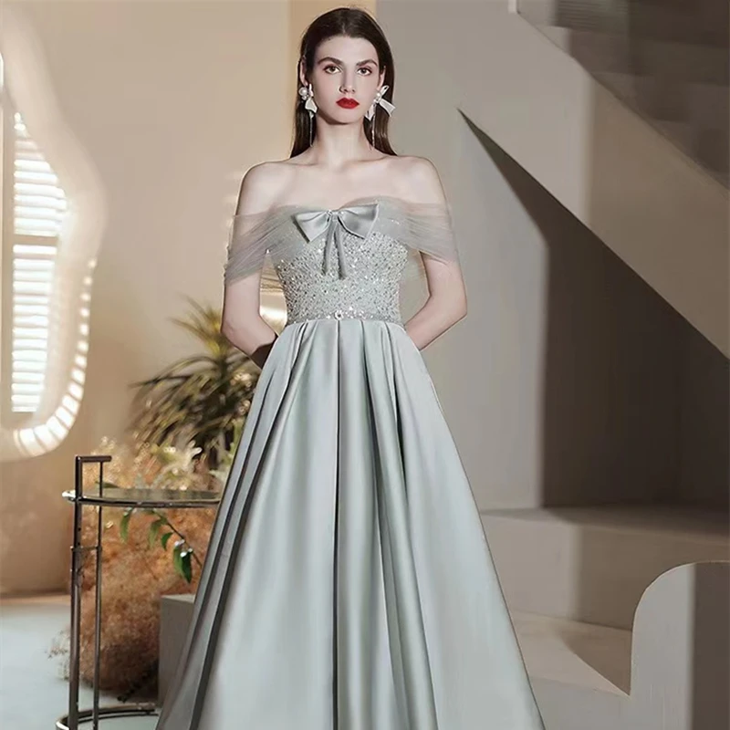 

2022 Lace Up Evening Dress Off The Shoulder Illusion Sequin Beaded A-Line Floor-length Fancy Prom Gowns robes de soirée vestidos