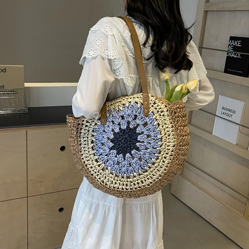 Round Summer Straw Bag with Color Collision Beach Shoulder Bag Large Woven Beach Bag Holiday Travel Handbag for Women and Girls