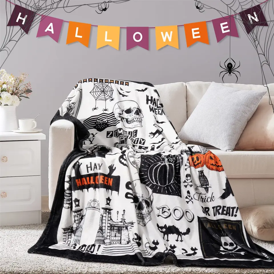 Halloween Pumpkin Throw Blanket - 50x60 Inch Soft Flannel Checkerboard With Spooky Faces, Fall Decor - View #6