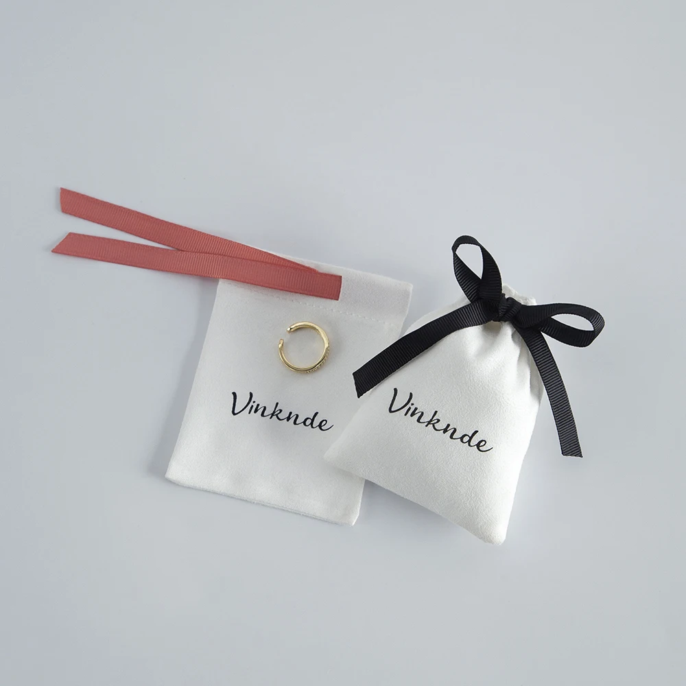 100pcs Bulk White Flannel Ribbon Gift Jewelry Bags 5x7cm Custom Logo Drawstring Velvet Cosmetics Jewelry Packaing Suede Pouches