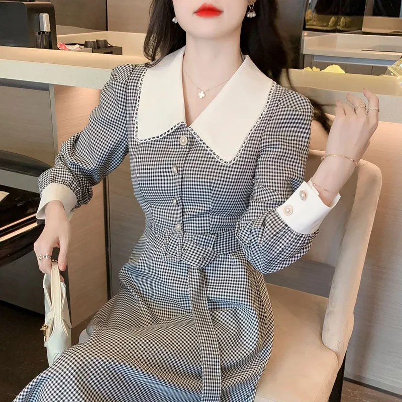 

Vintage Lace Plaid Chic Puff Sleeve Women Dresses Korean Temperament Office Lady Lapel Sashes High Waist Midi Vestido femenino