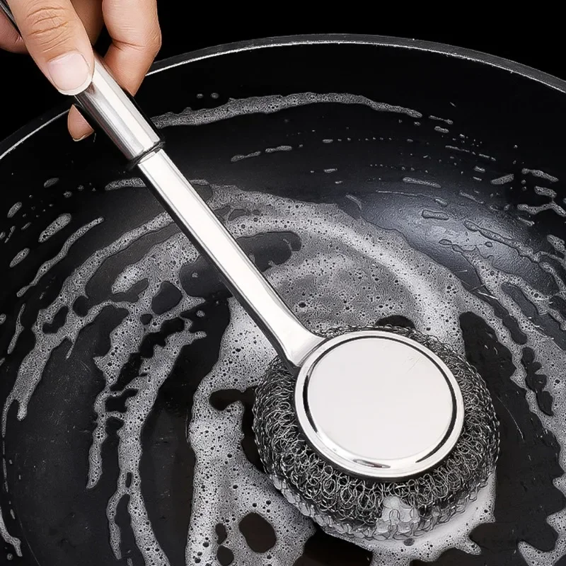 Stainless Steel Wire Brush with Long Handles Kitchen Replacement Steel Wool Wire Ball Dishwashing Brush Sink Countertop Cleaning 2