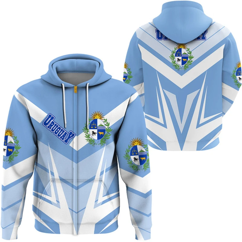 Sudadera con capucha de gran tamaño con estampado 3D de la bandera del emblema de Uruguay de la calle con cremallera y ropa deportiva diaria de primavera y otoño de 2024