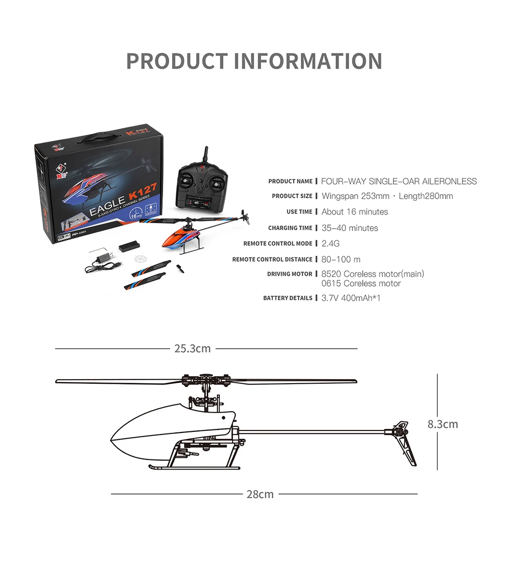 Helicóptero RC WLtoys K127 2.4G 4CH 6 ejes con giroscopio, vuelo estacionario RTF