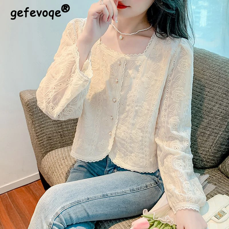 Women Trendy Lace Patchwork Chic Sweet Shirts Vintage Embroidery Square Collar Blouses Solid Long Sleeve Slim Tops Blusas Mujer
