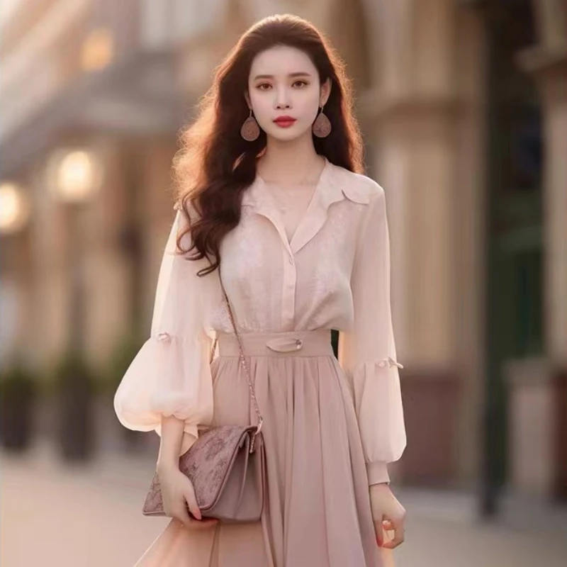 Spring Autumn Fashion Two Pieces Set Women Single-Breasted Lantern Sleeve Shirt Tops + High Waist A Line Midi Skirt Suits