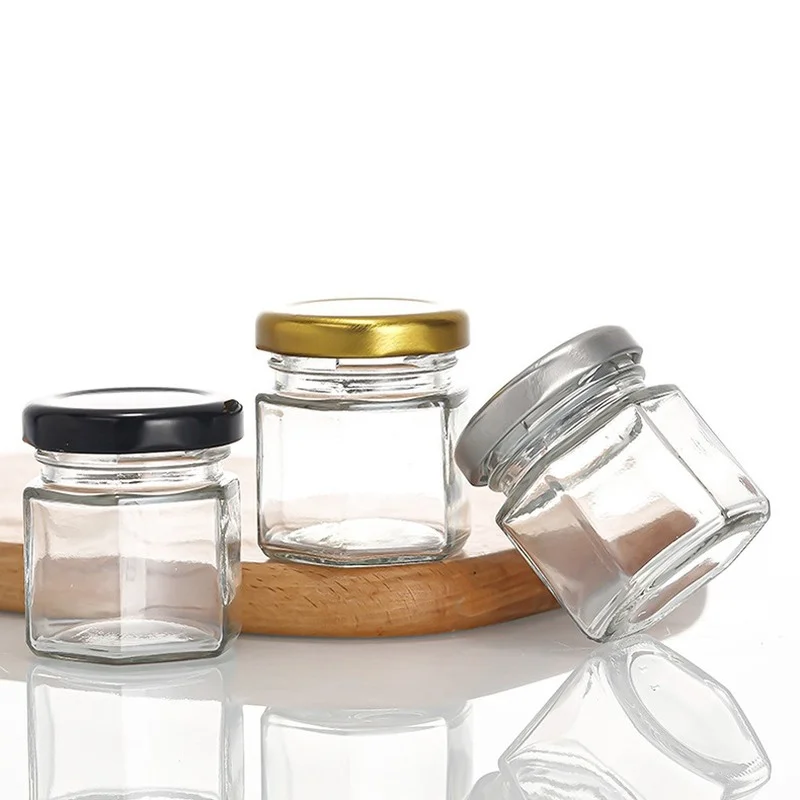 24pcs 1.5OZ 45ml Mini Hexagon Glass Jars With Gold /Silver/black Lids,for Jam,Honey,Candies, Spice Jam glass bottles storage jar