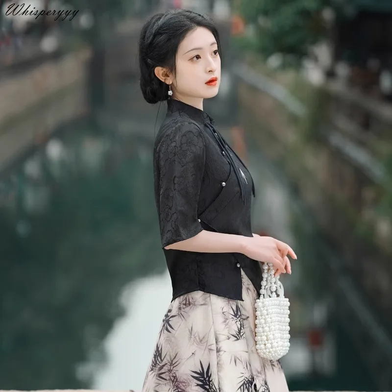 Summer New Improved China Style Blouse Embroidery Slim Short Chinese Shirt Female Black Elegant Retro Tang Suit