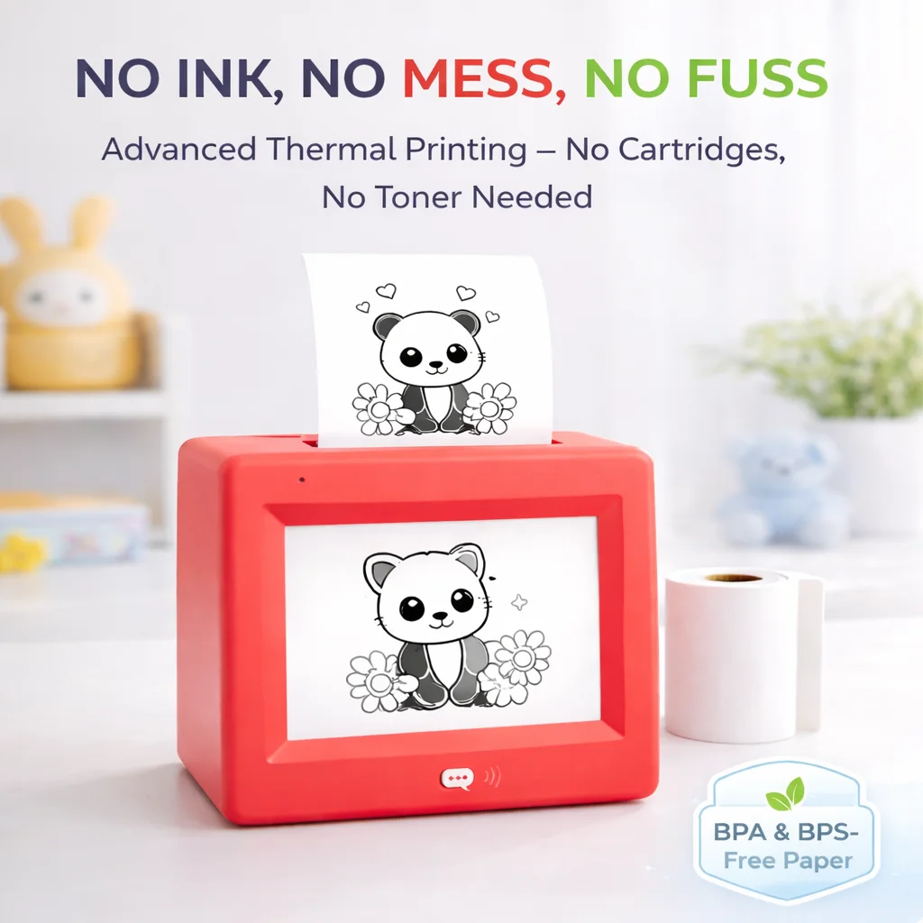 스티커 박스 AI 음성 활성화 스티커 메이커 (어린이용) 즉석 무잉크 감열 프린터 (푸시 투 토크 이미지 생성 기능 포함)