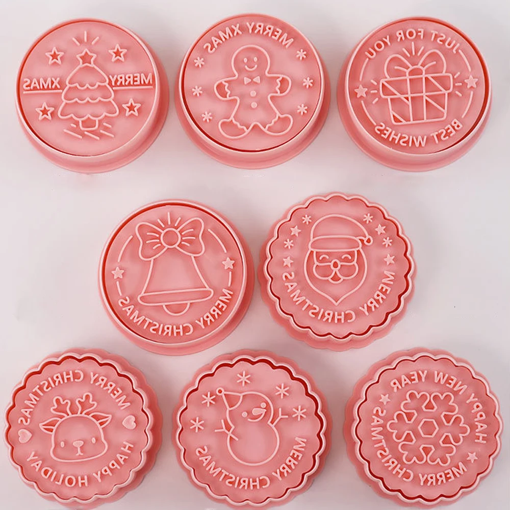 Cookie Cutter Cookie Mould Fondant Cutter Pastry Cutter 8Pcs Christmas Cookie Cutter Set Round XMAS Tree Gingerbread Man Deer Snowflake Fondant Embosser Stamp Christmas Party Supplies