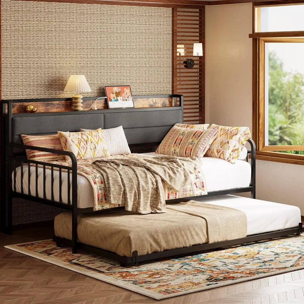 NEW-LIKIMIO Daybed with Trundle, Sturdy Metal Twin Bed Frame with Upholstered Headboard and Charging Station for Living Room, Be
