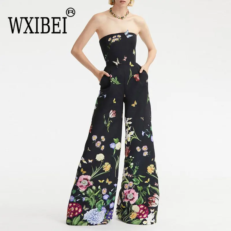 

WXIBEI Sexy Strapless Personalized Plant Floral Printing Women's 2023 Summer New Wide Leg Slim High Waist Fashion Jumpsuit FC592
