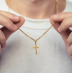 Unisex Golden Plated Cross Pendant Necklace with Cuban Chain Design - 60cm (Gold)