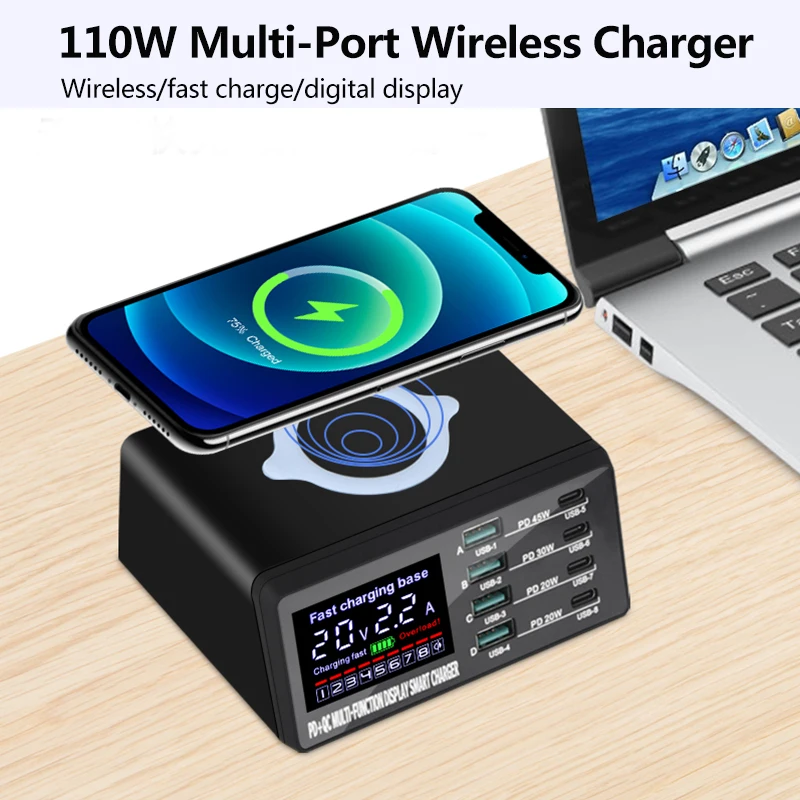 

110W 8 USB Quick 3.0 Adapter HUB Ports Wireless Charging Station PD Fast Charger For iPhone 14 13 12 11 Samsung Huawei Xiaomi