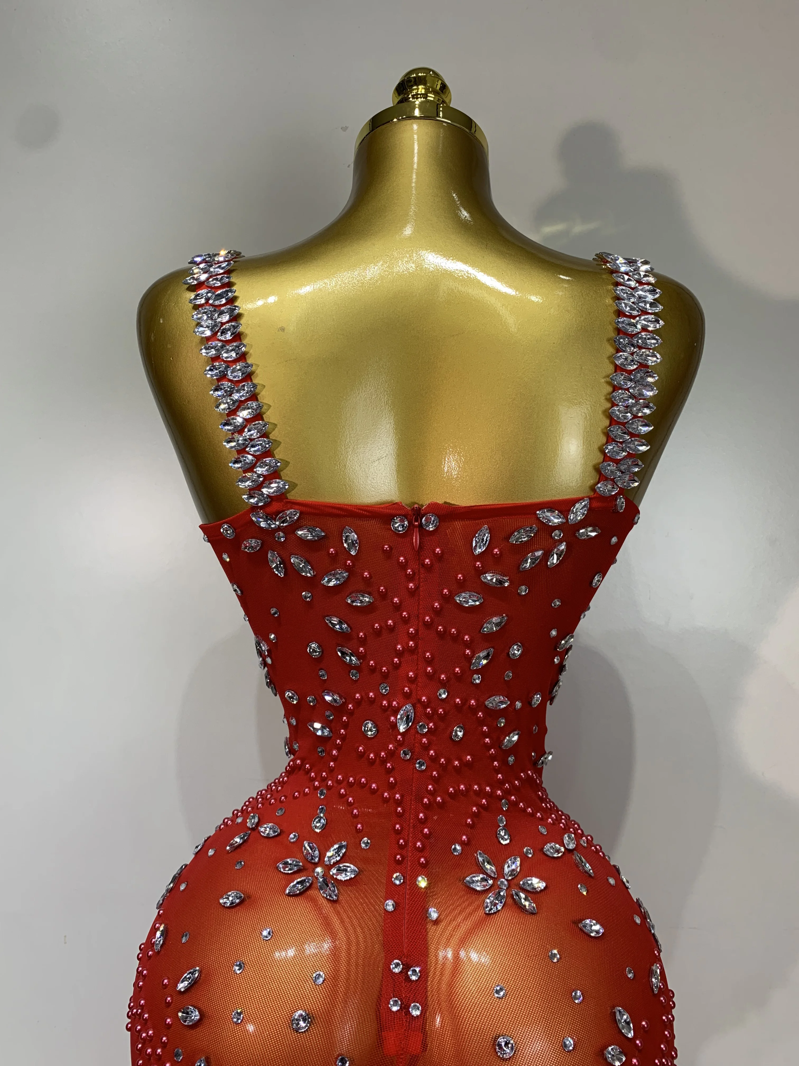 Women Sparkly Rhinestone Feather Mesh Transparent Maxi Long Dress Sexy Backless Birthday Evening Party Singer Stage Costume