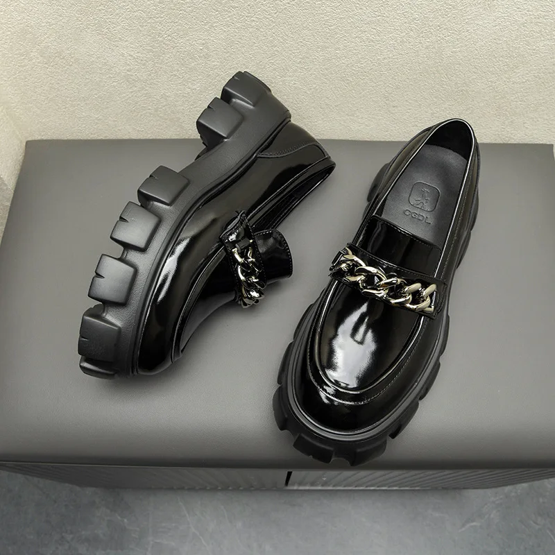 Gear Thick Sole Increasing Chain Glossy Genuine Leather Shoes Men Streetwear Fashion Business Casual Cowhide Loafers Shoes