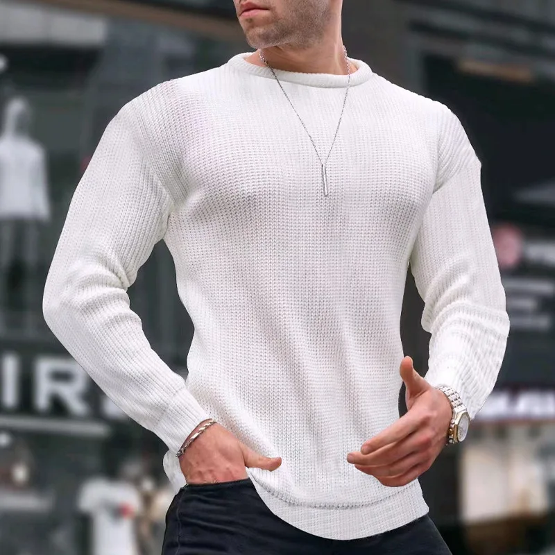 

Waffle Autumn and Winter Solid Color Sweater Men's Pullover Long Sleeve Round Neck Solid Color Base Cotton Casual Man Shirt