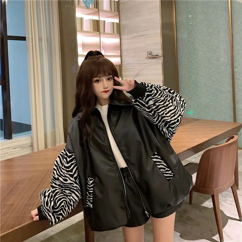 2022 Korean Version Autumn and Winter Small Short Jacket Cotton Long-Sleeved Jacket Women's Leather Stitching Woolen Lazy Wind X