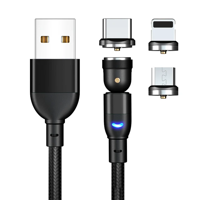 ZUIDID 540 Rotate Magnetic Cable Fast Charging Magnet Charger Micro USB Type C Cable Mobile Phone Wire Cord For iPhone Xiaomi Black 3 in 1