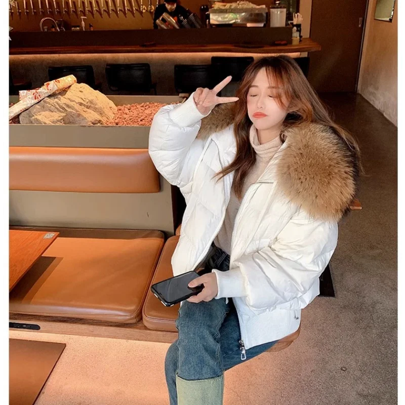 Women Thickened Short Coats Winter Oversized Raccoon Fur Collar White Duck Down Jackets Hooded 2023 Loose Street Trendy Clothing