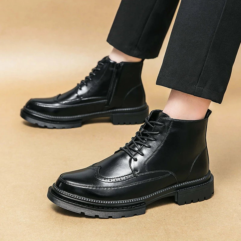 Brogue Black short men's boots Fashionable versatile gentleman style Business Office Daily Outdoor Leisure Party Adult shoes